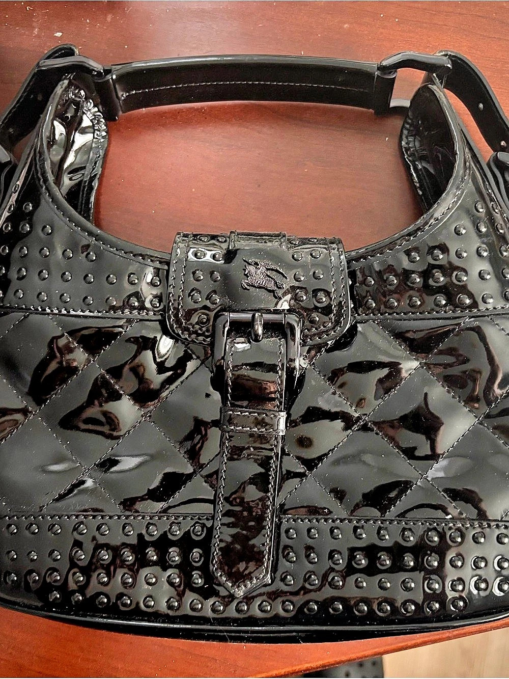 Authentic Burberry Lowry Studded Quilted Patent Leather Tote – Black
